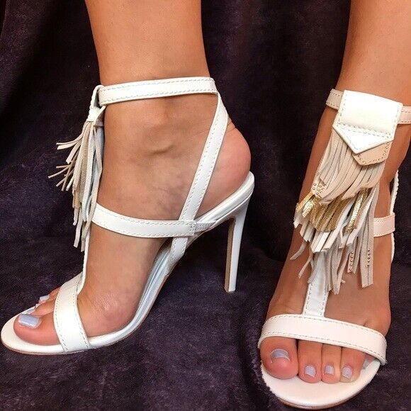 BRIAN ATWOOD Ankle Strap Heeled Sandals Fringes in White Leather - Picture 2 of 13
